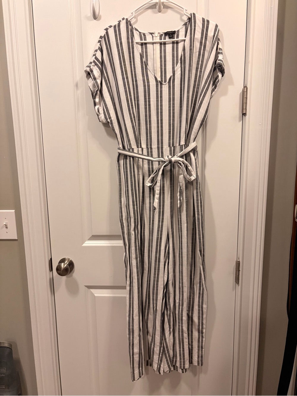Ann Taylor Factory Black and White Striped Tie-Waist Jumpsuit